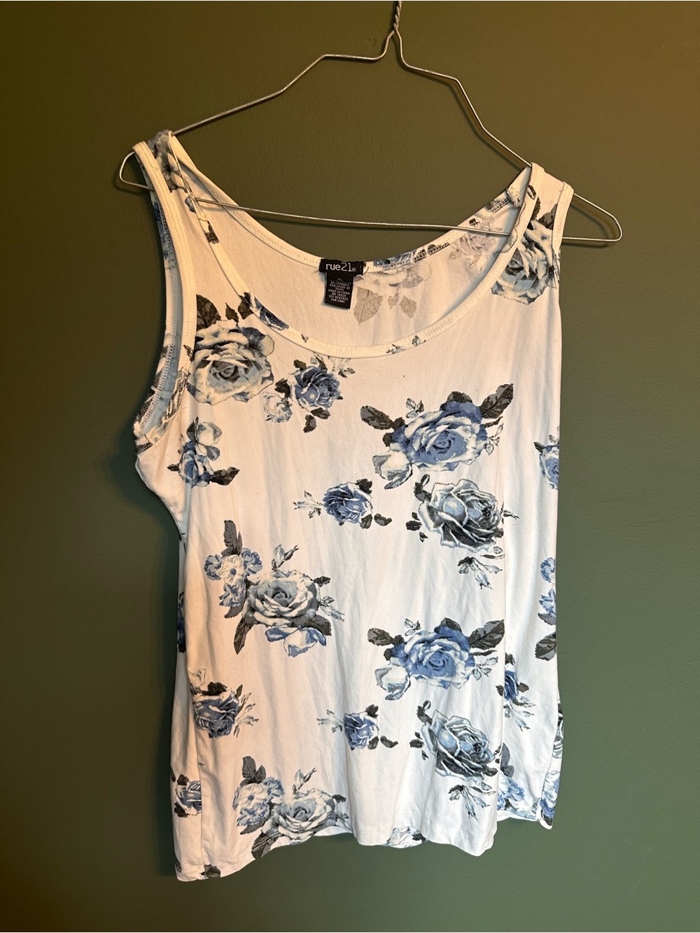 rue21 White Tank Top with Blue Floral Print